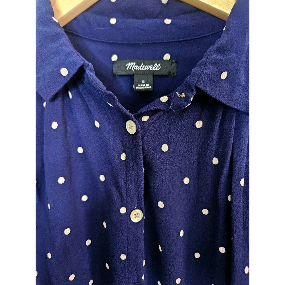 Madewell Navy Blue Polka Dot Split Neck Blouse Top Women S Texture Crepe Retro - Picture 4 of 5